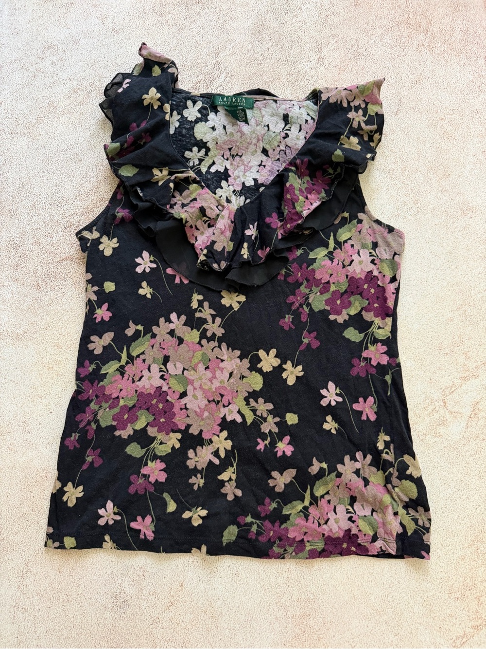 Ralph Lauren Black Floral Ruffle V-Neck Sleeveless Blouse